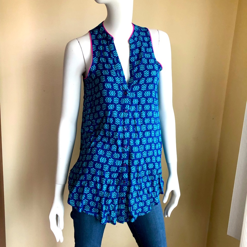 Anthropologie Maeve Blue sleeveless top pink trim